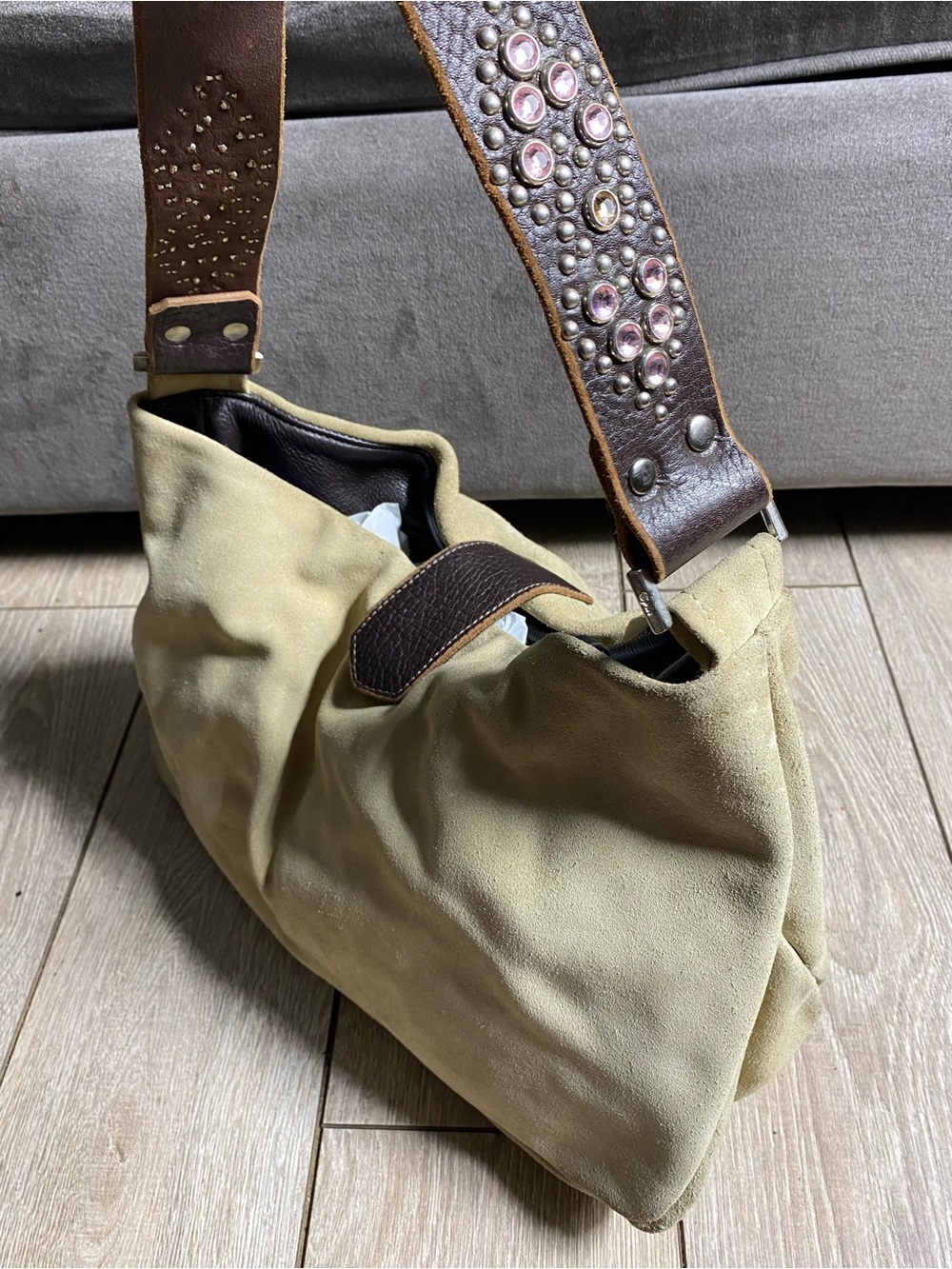 Tylie Malibu Beige Suede Hobo Bag Studded Rhinestone Leather Strap Y2K